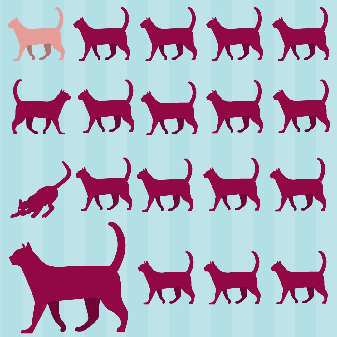 sihlouette of many red cats, one of which is large, and one pink cat sihlouette